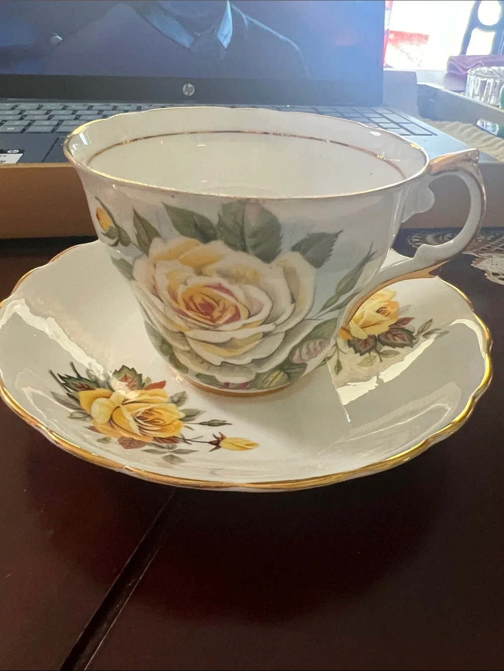 2987*Vintage White Porcelain Tea Cup & Saucer with Yellow Rose Motif & Gold Trim
